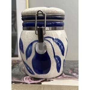 Vintage Designpac Inc Blue & White Canister Mason Jar Locking Lid Fruit Design
